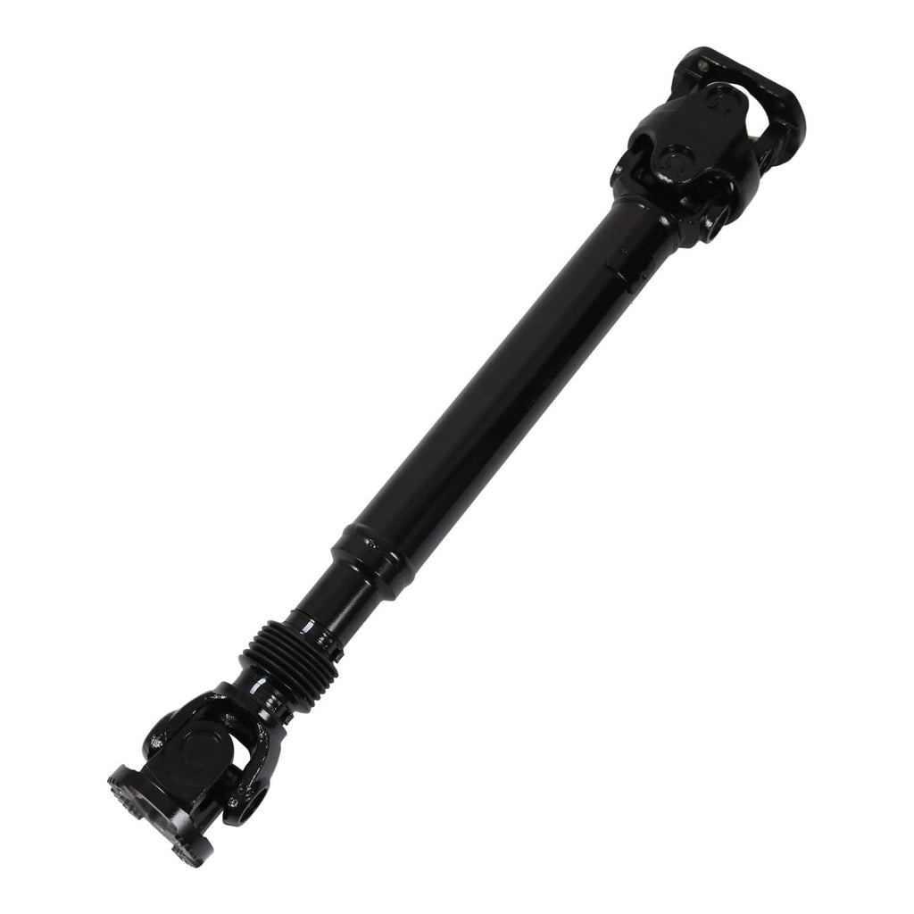Black front driveshaft with splined end and flange yoke on opposite side