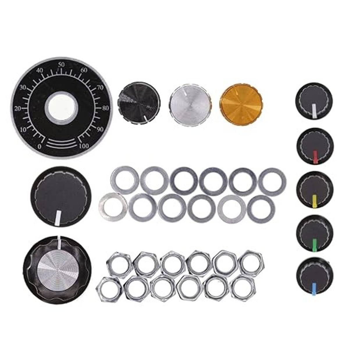 Rotary potentiometer knobs set with dial scale and metal mounting rings, assorted pieces