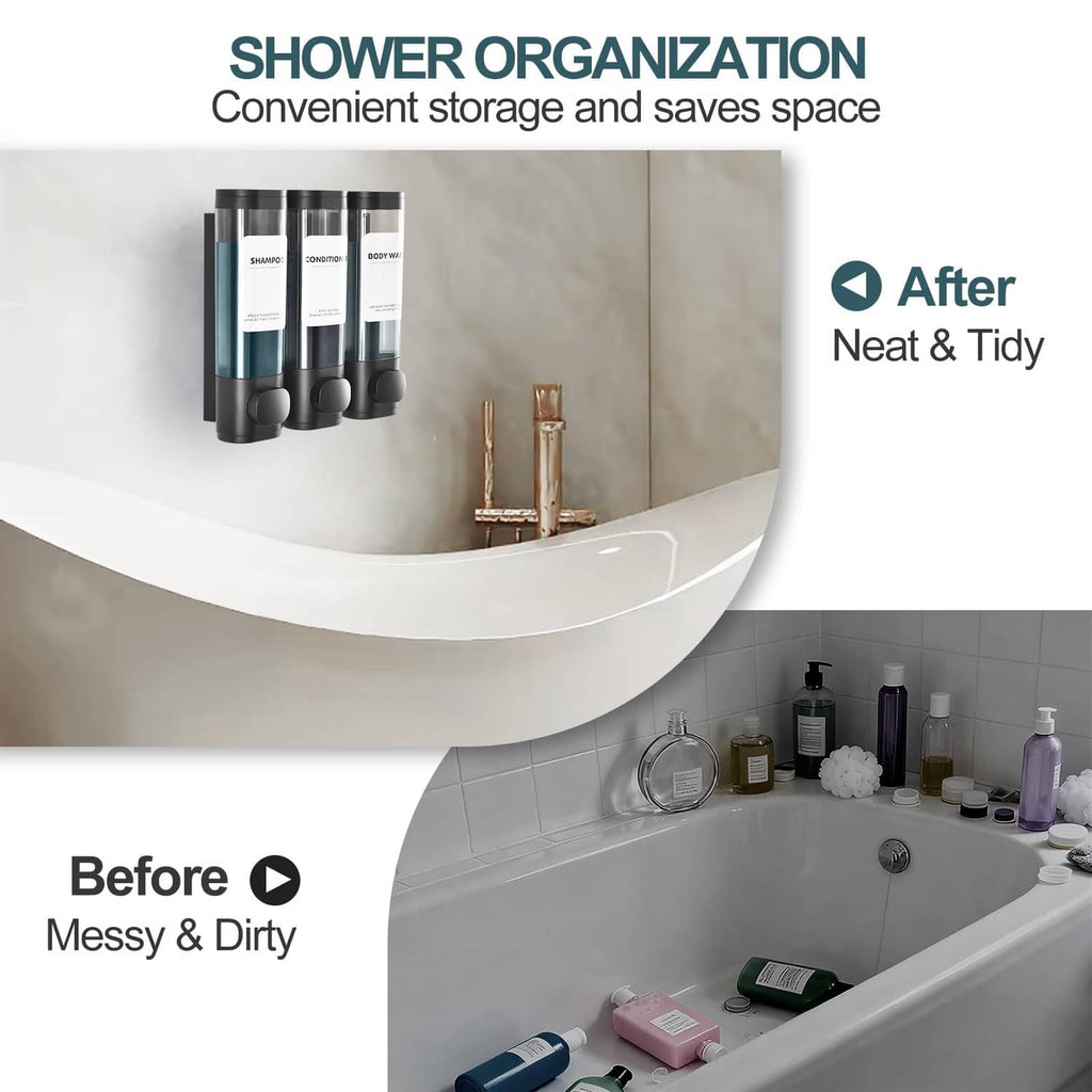 3-chamber shower soap dispensers neatly mounted above a bathtub for space saving