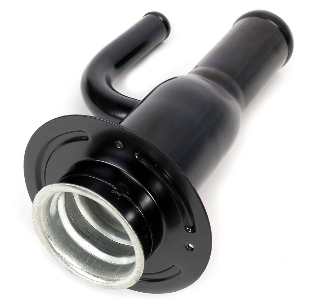 Black fuel filler neck pipe with round flange and exposed silver inlet rim