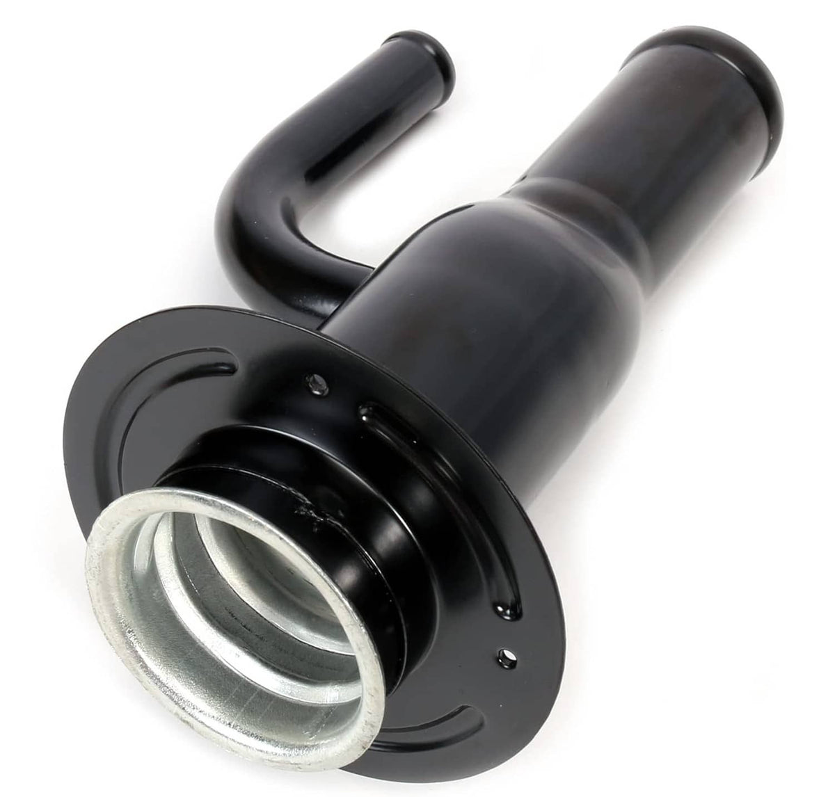 Black fuel filler neck pipe with round flange and exposed silver inlet rim