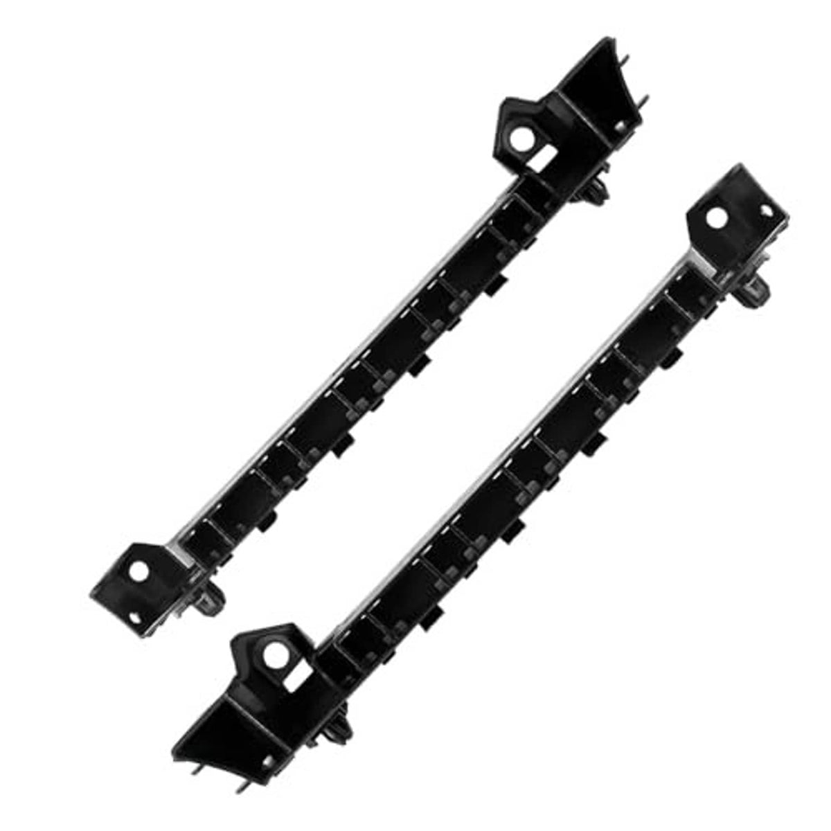 Pair of black front bumper mounting brackets with tabbed ends and bolt holes