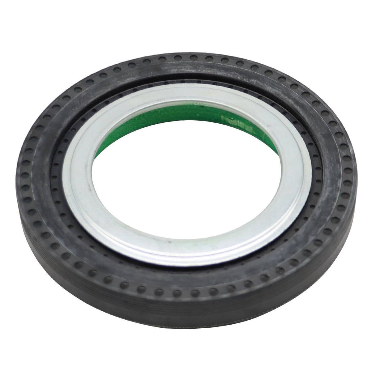 Front axle seal ring with black rubber edge and green center seal surface