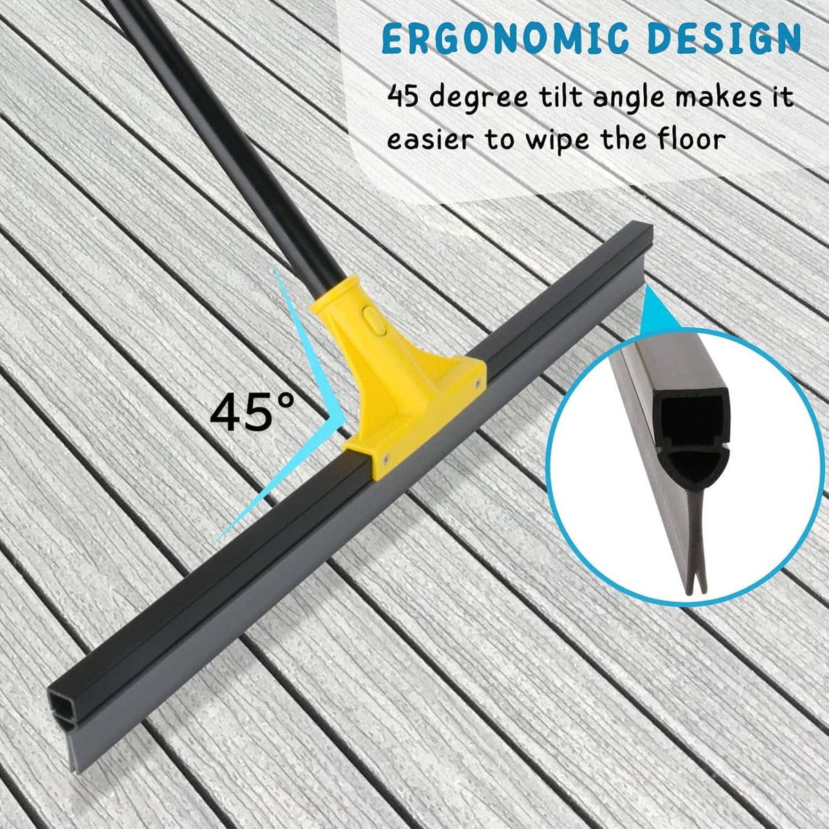 Floor squeegee with angled black blade on yellow head