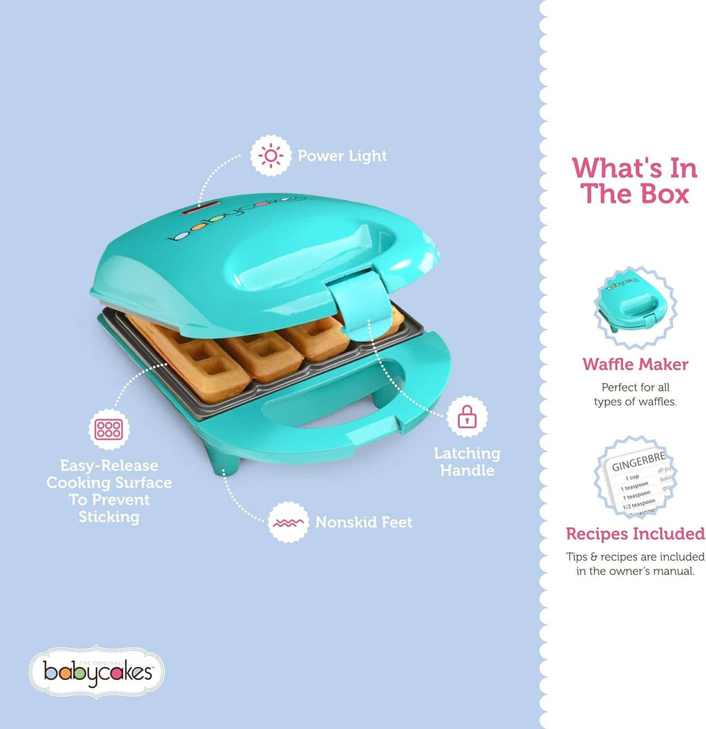 Teal mini waffle stick maker with open lid and waffle plates, easy-release handle