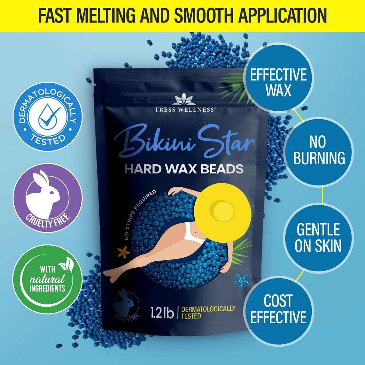 Bikini Star hard wax beads pouch with icons for effective wax and gentle on skin
