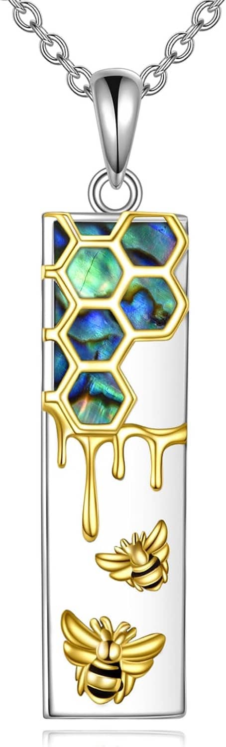 Sterling silver pendant necklace with rectangular teal-blue hexagon enamel, gold drips and bee motifs