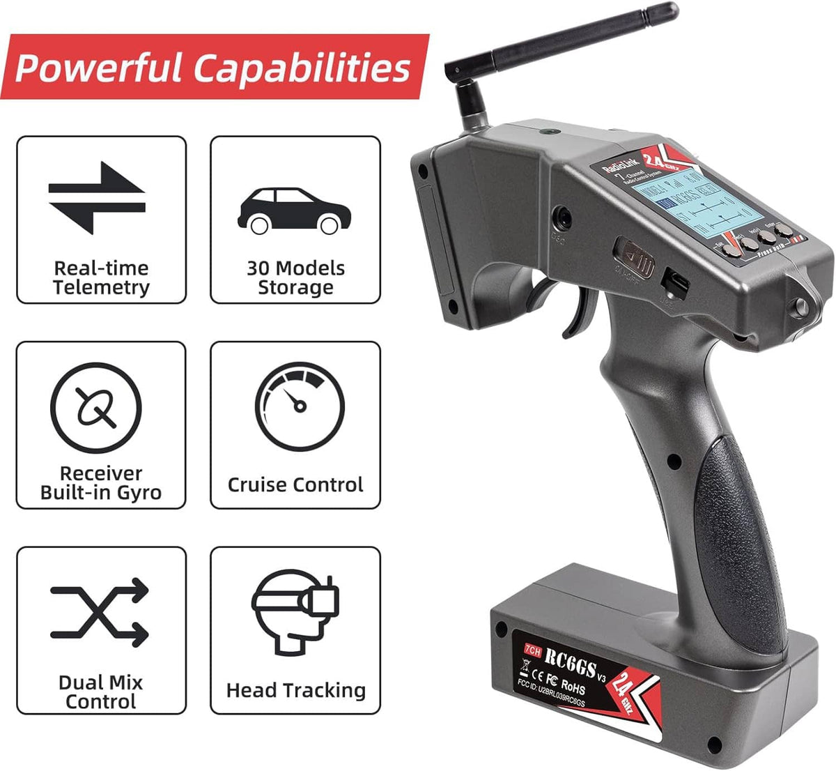 RC transmitter with LCD display panel, antenna, shoulder strap, and front control buttons