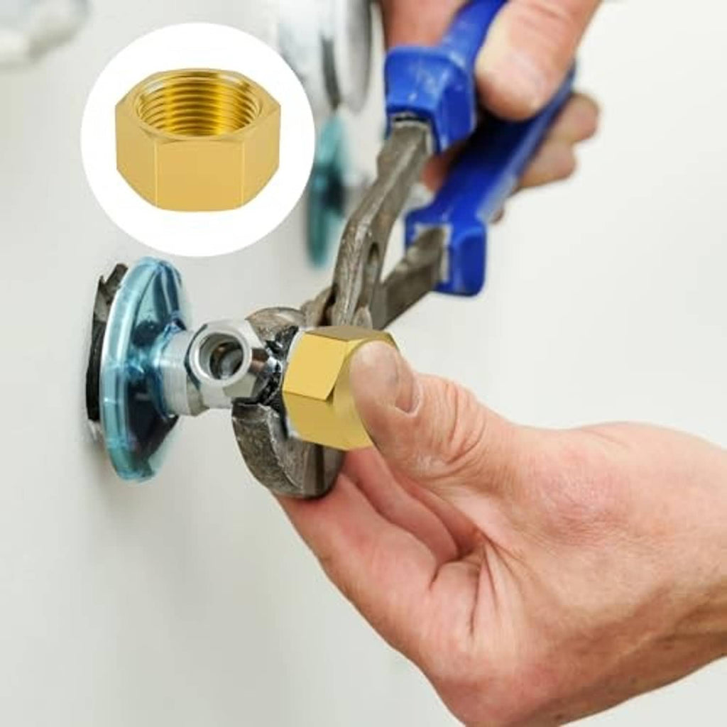Brass hex pipe cap being installed on a threaded pipe end