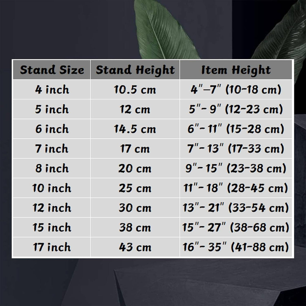 Plate stand size chart listing stand height and item height from 4 to 17 inch.
