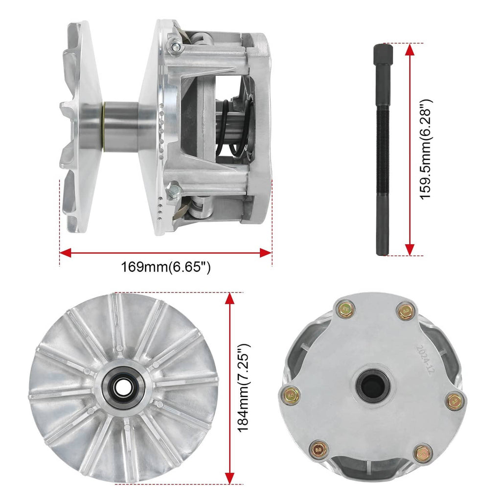 Clutch assembly components with black belt; side and top views with measurements