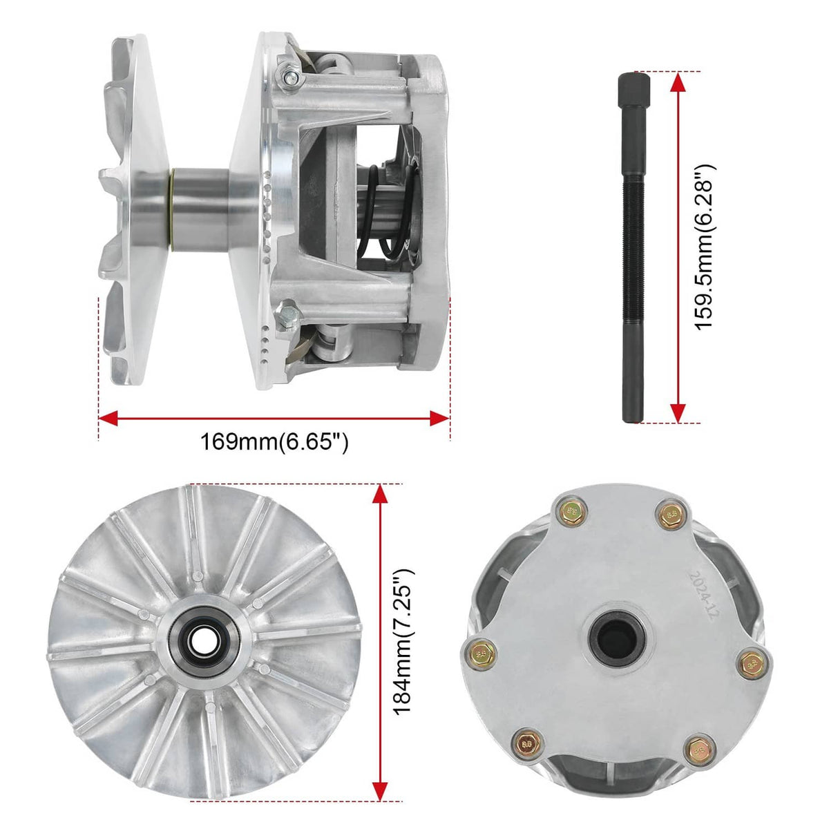Clutch assembly components with black belt; side and top views with measurements