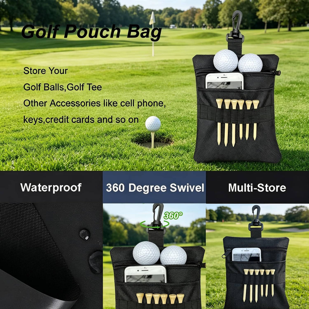 Black golf tee pouch bag with elastic tee slots and zipper pockets for phone accessories