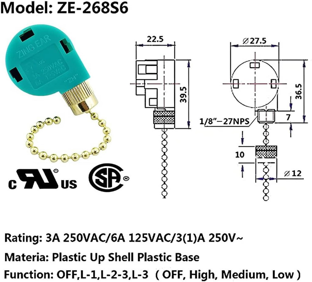 Ceiling fan pull chain switch technical diagram with dimensions and electrical rating