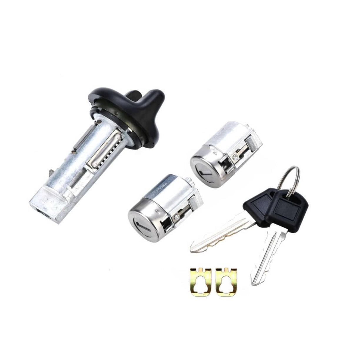 Ignition and door lock cylinders with keys and mounting clips