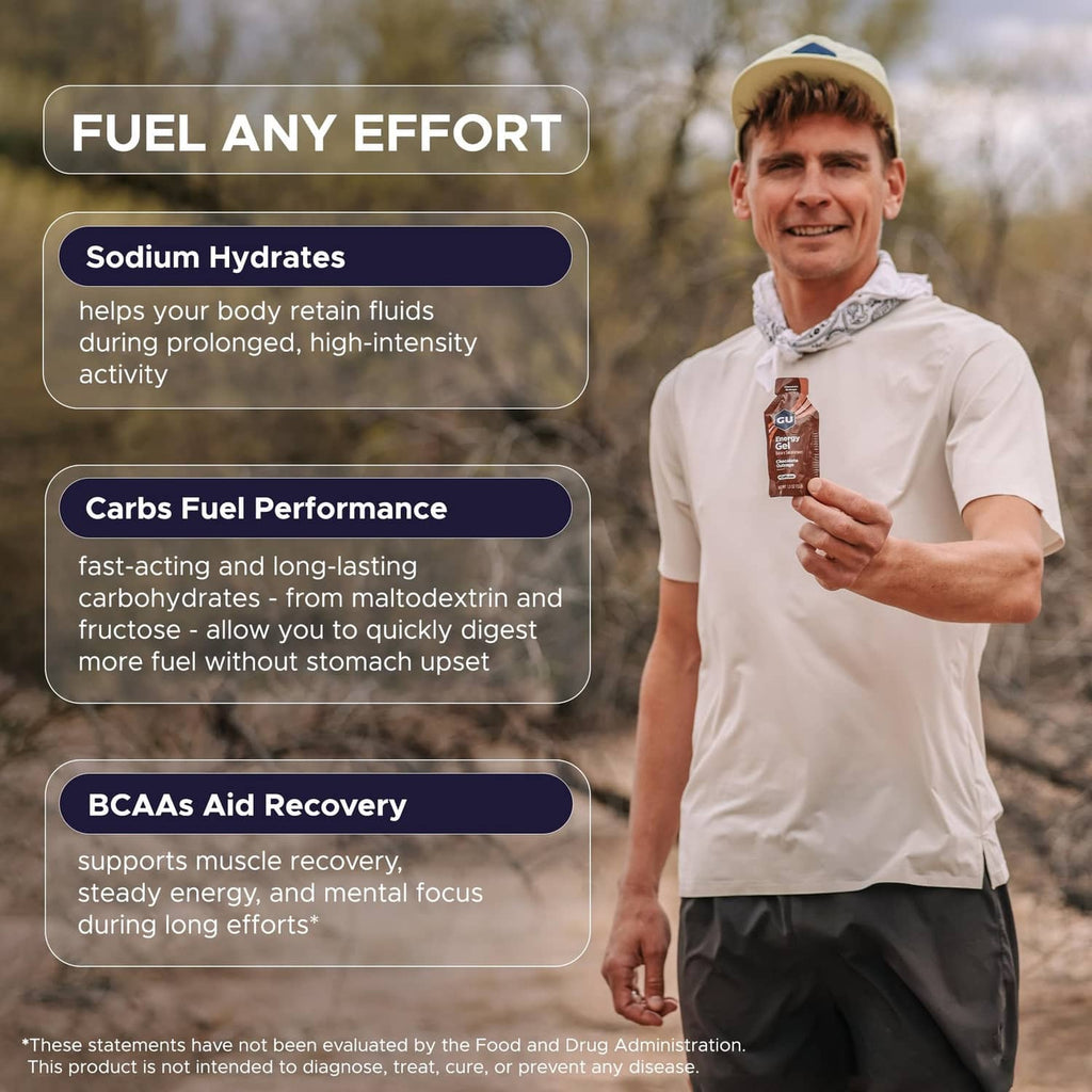 Energy gel benefits infographic with runner holding a gel packet