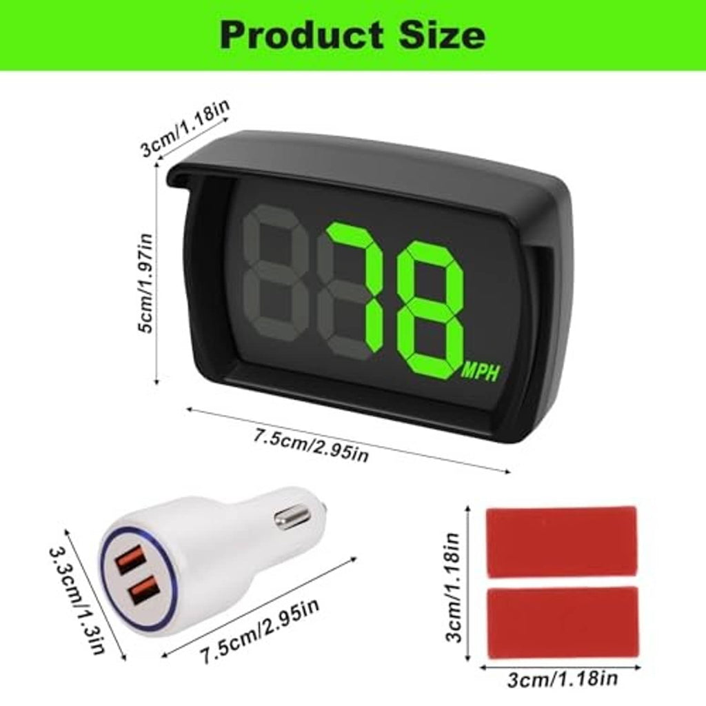 HUD speedometer size diagram with black display, green 18 MPH digits, and accessories