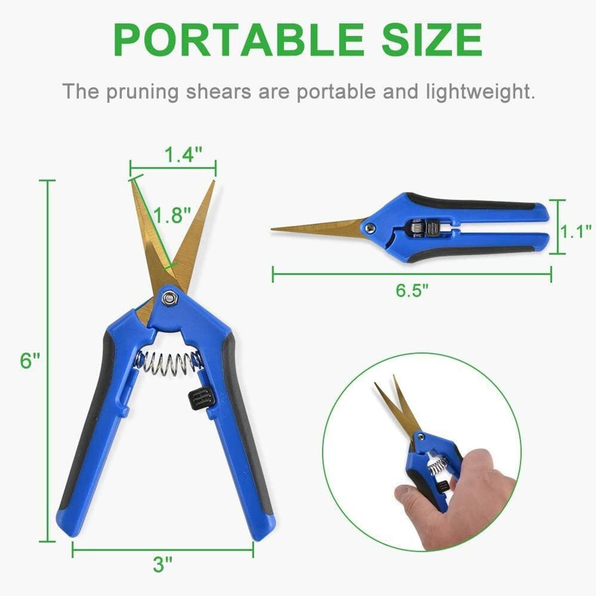Blue pruning shears with golden blades, open and compact size