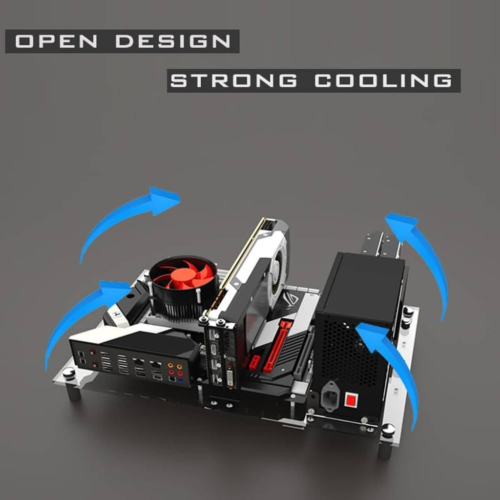Open-frame PC case showing CPU fan, graphics card, and airflow path arrows