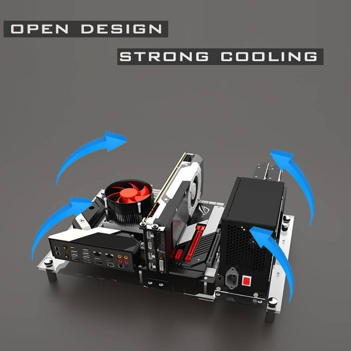Open-frame PC case showing CPU fan, graphics card, and airflow path arrows