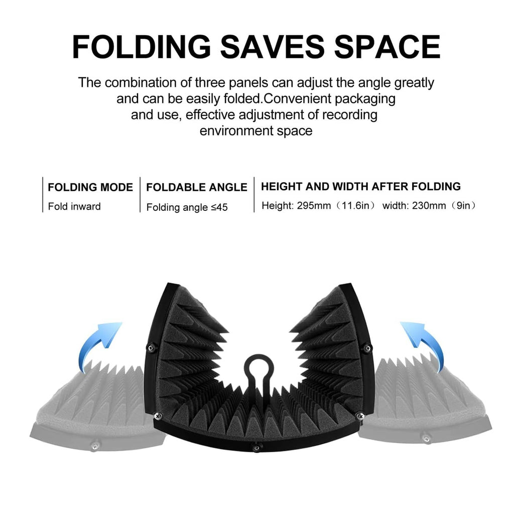 Folding microphone isolation shield with adjustable angle and compact folded design