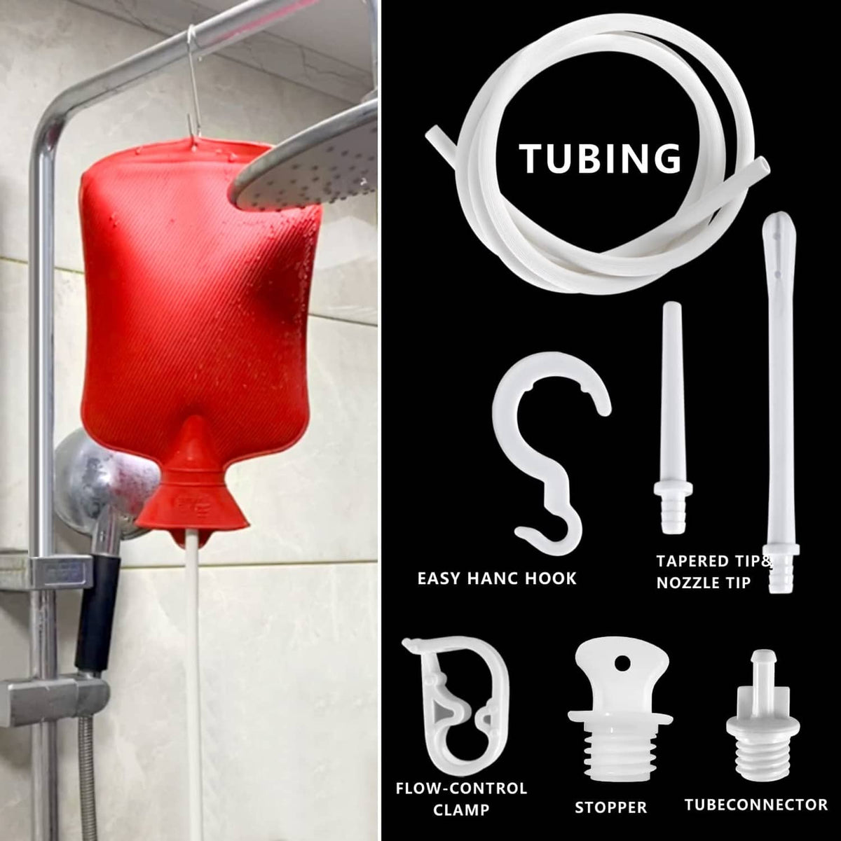 Red enema bag with attached white tubing and separate nozzle tips and connector parts