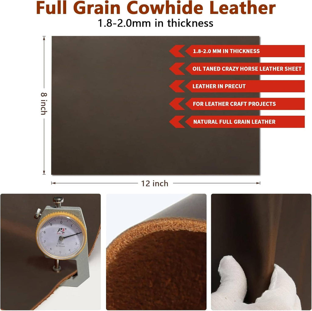 Brown full grain leather sheet, laid flat, rectangular hide for craft tooling.