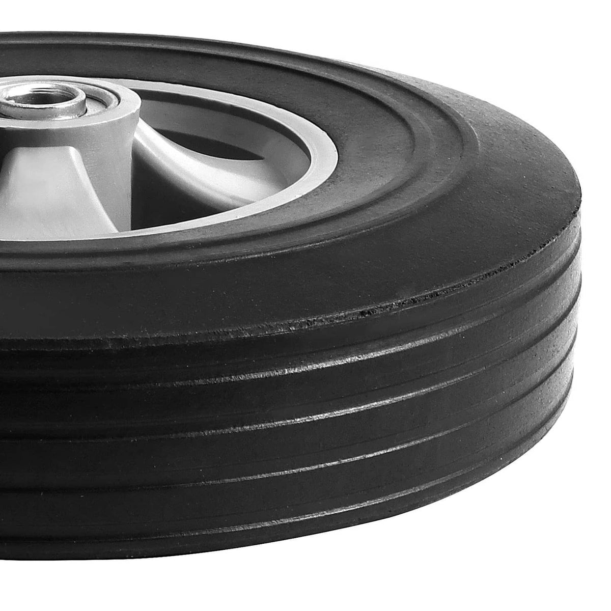 Black rubber wheel with silver spoke hub and visible metal axle mount