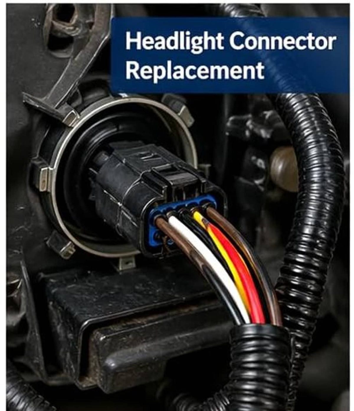 Headlight connector replacement plug with multicolor wire leads attached to housing