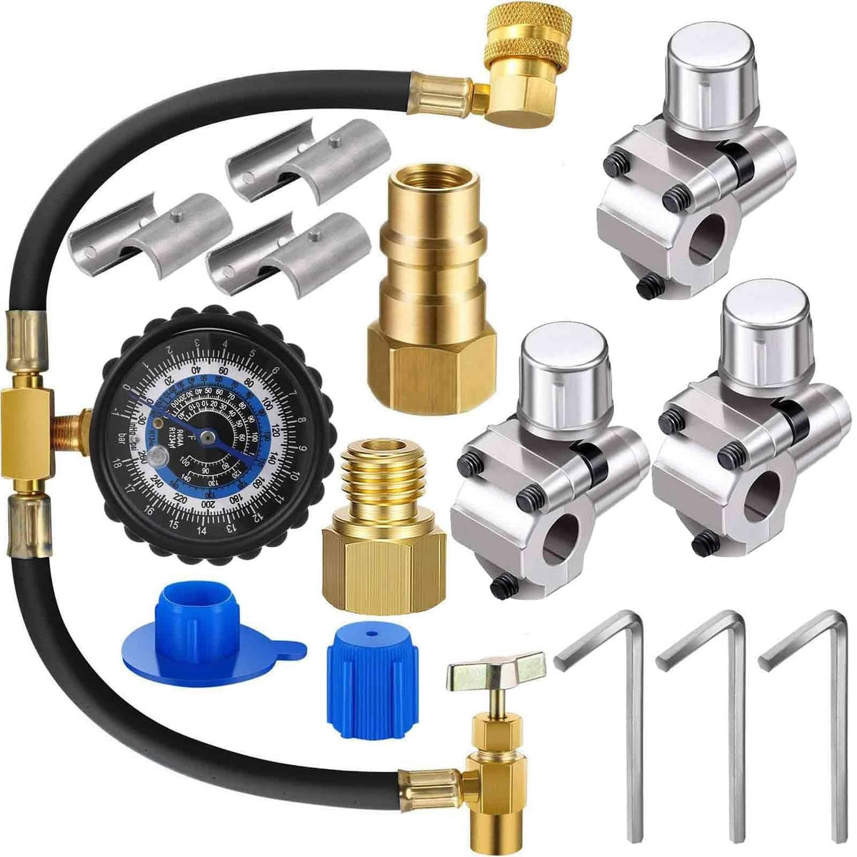R134a refrigerator recharge kit with pressure gauge, hose, brass adapters and piercing tools