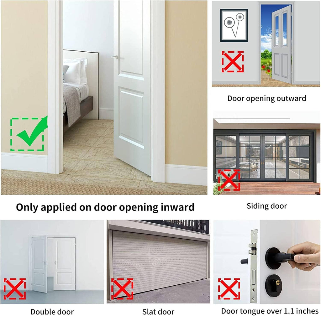 Portable safety door lock placement examples on inward-opening doors and door types