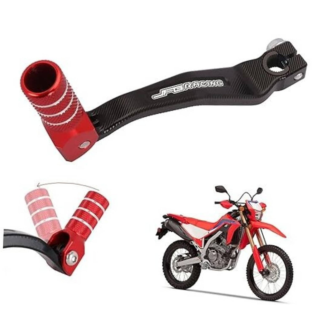 Motorcycle CNC folding shift lever with red rubber tip and black carbon-fiber finish