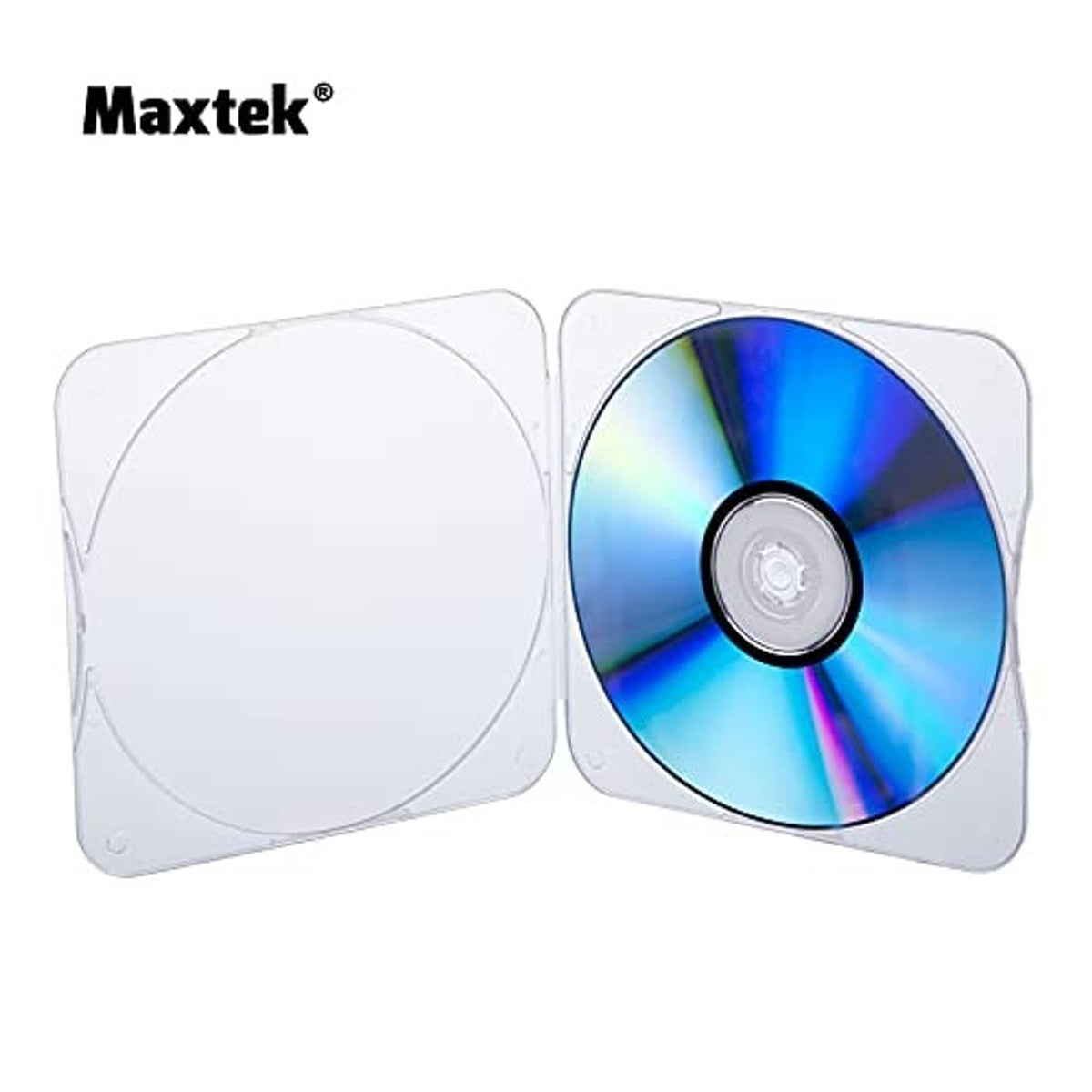 Maxtek clear square CD/DVD clam shell case, open with blue disc inside