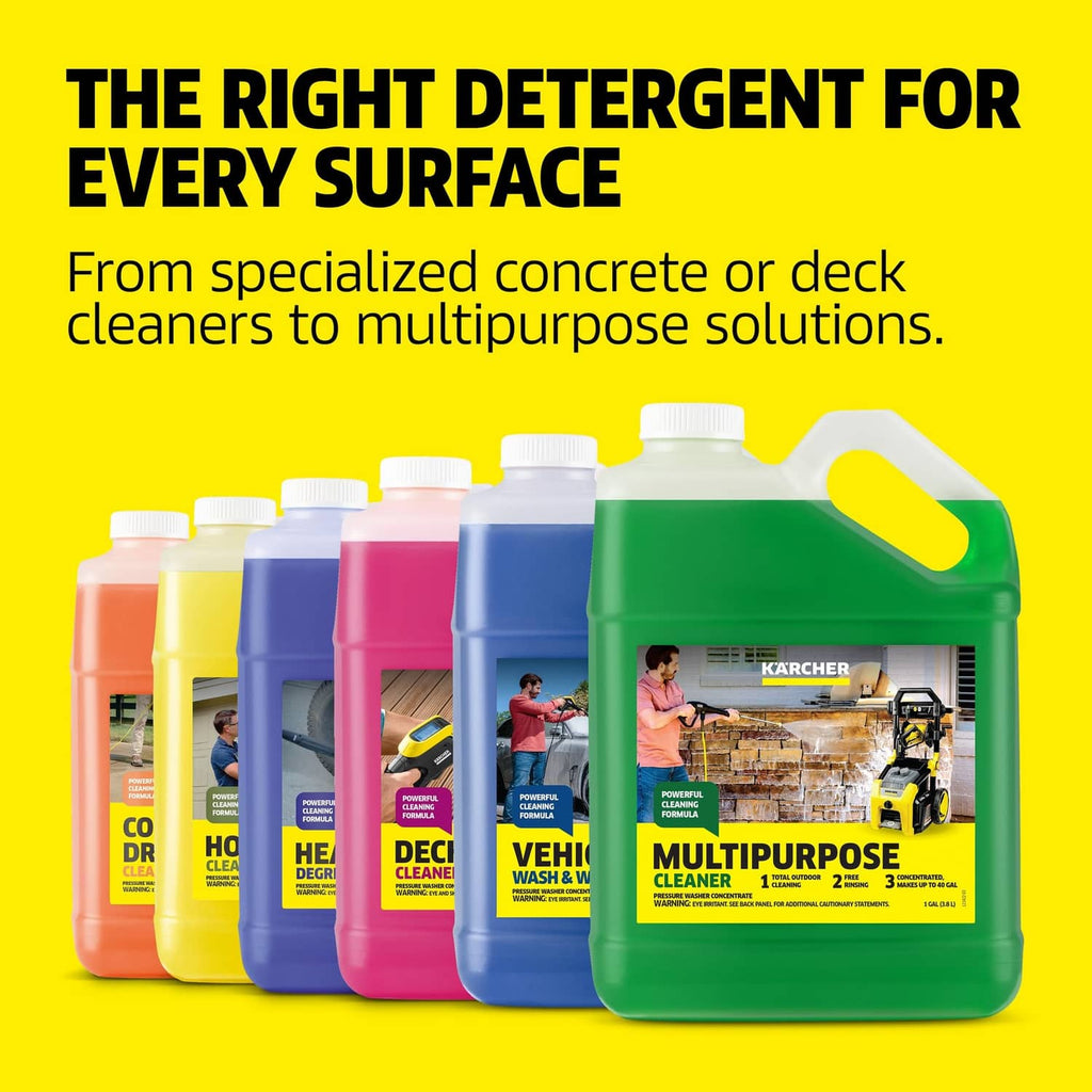 Kärcher cleaning solution bottles, with a green multipurpose cleaner jug in front