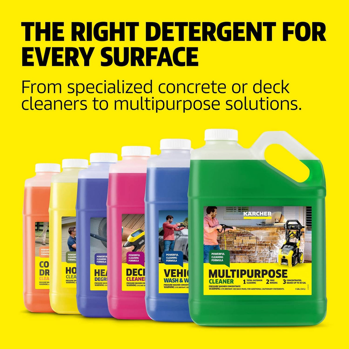 Kärcher cleaning solution bottles, with a green multipurpose cleaner jug in front