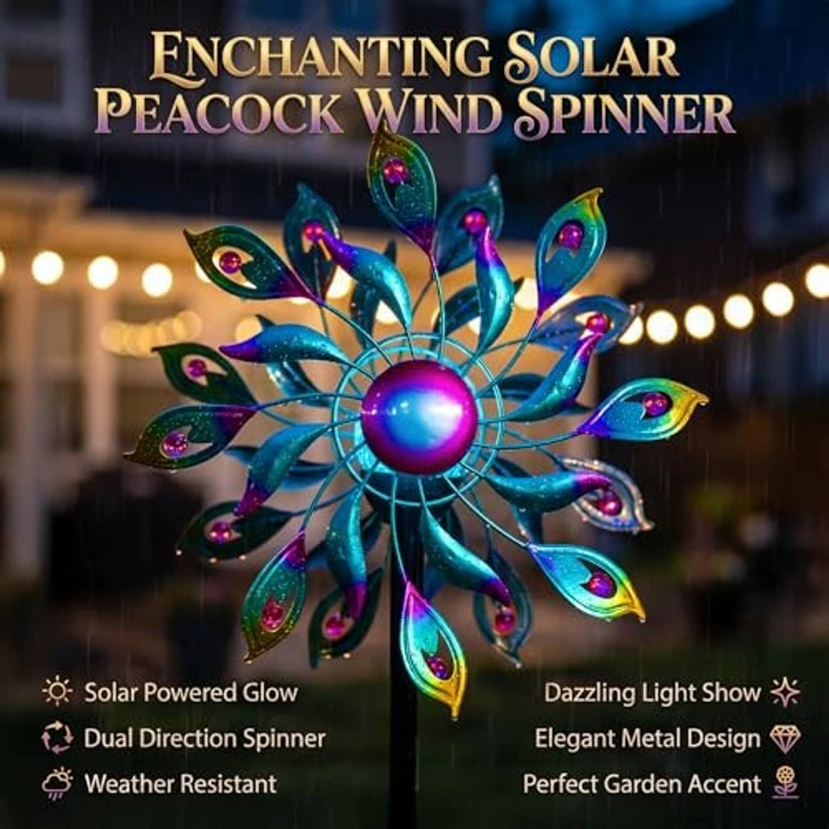 Enchanted peacock wind spinner with rainbow metal petals and LED light show effect