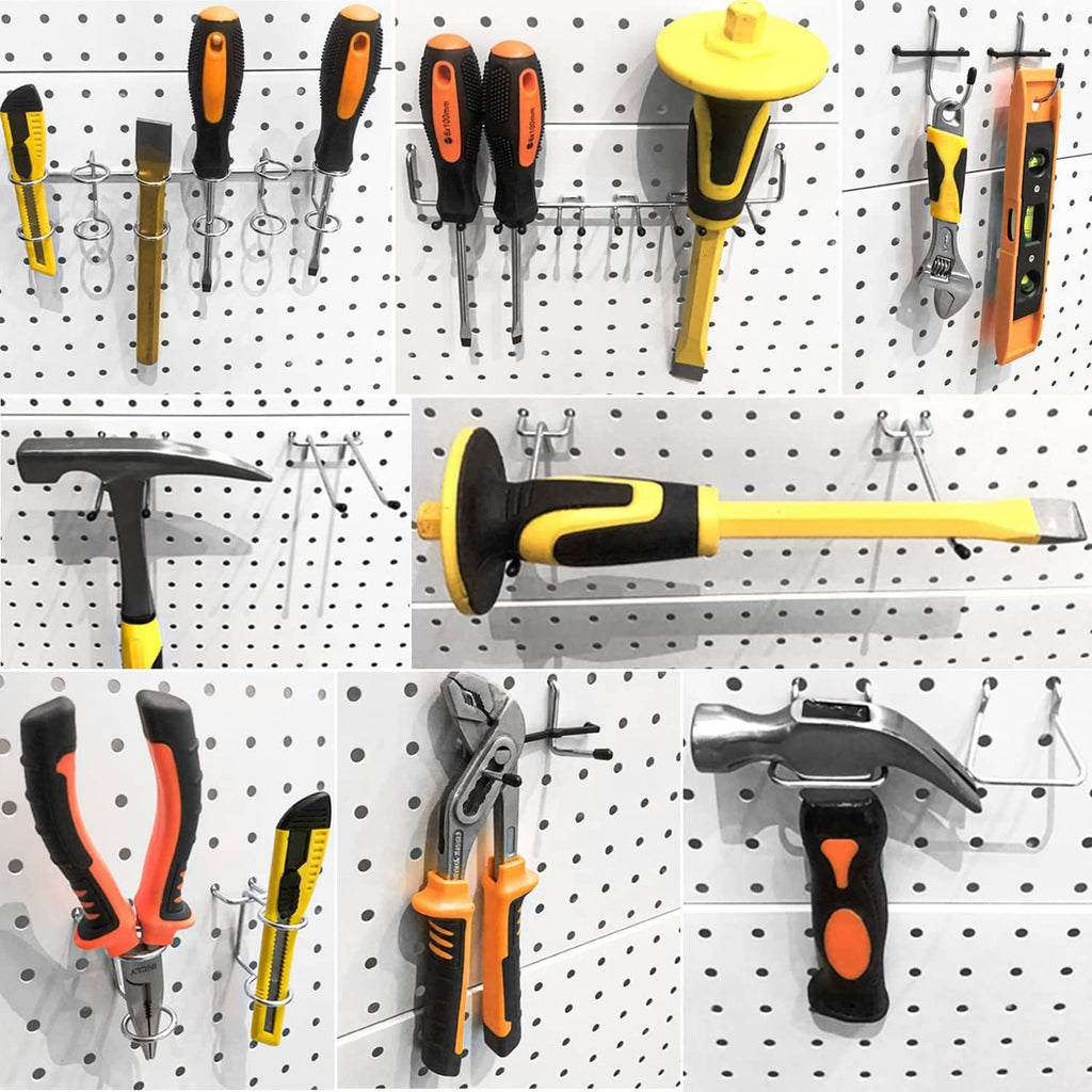 Pegboard wall display with tool hooks and hanging tools over storage bins