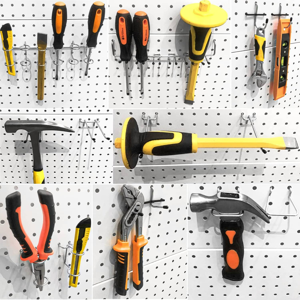 Pegboard wall display with tool hooks and hanging tools over storage bins