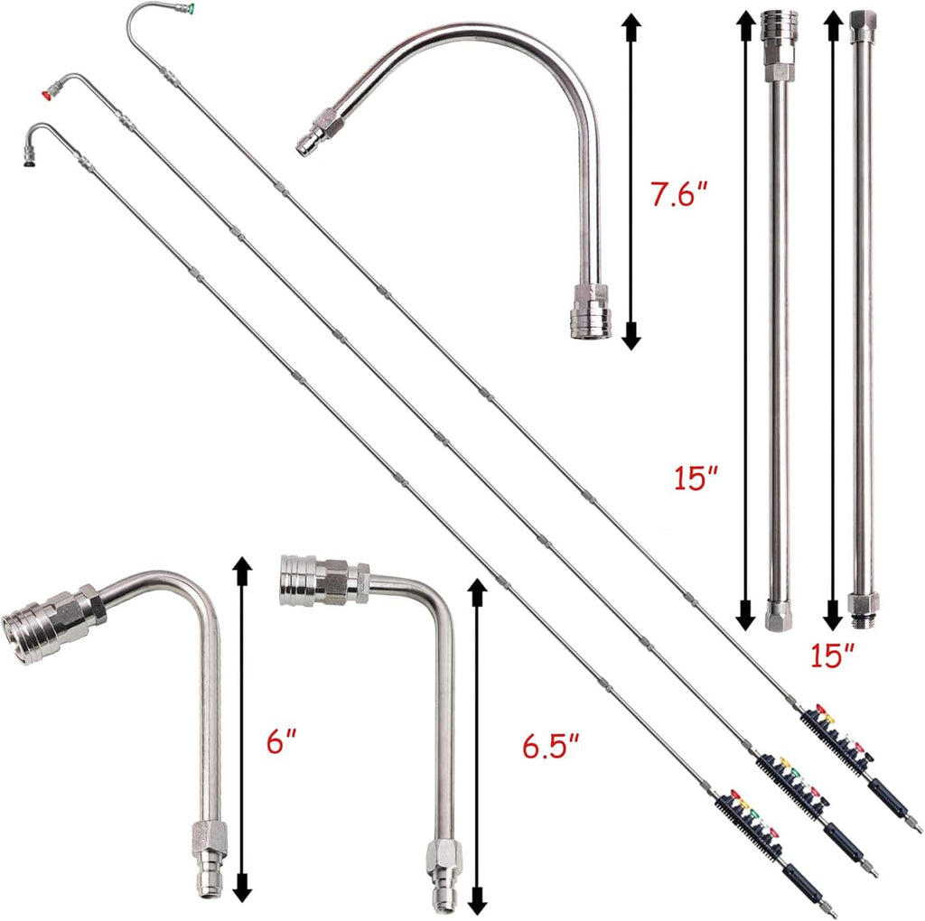 Pressure washer extension wand set with multiple straight lances and adjustable quick-connect fittings