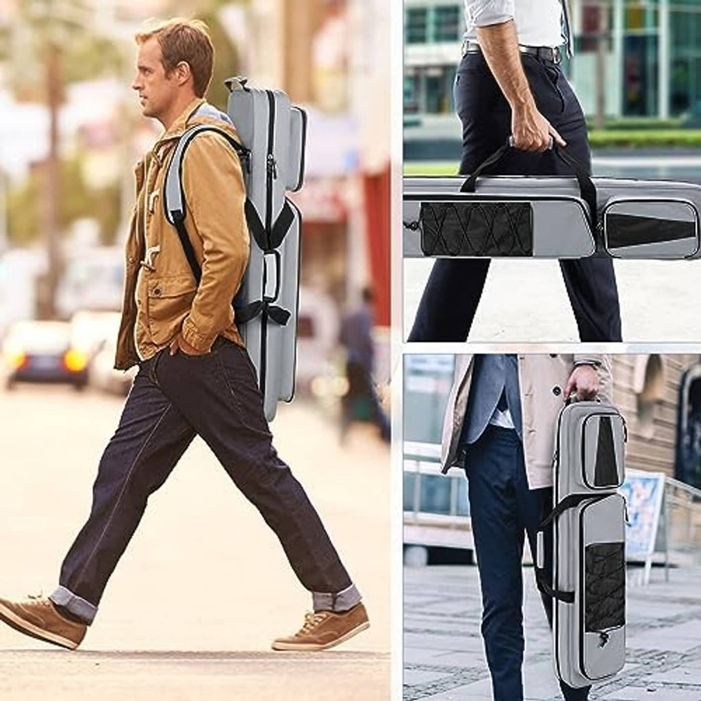 Grey pool cue case carried on shoulder strap by a person outdoors