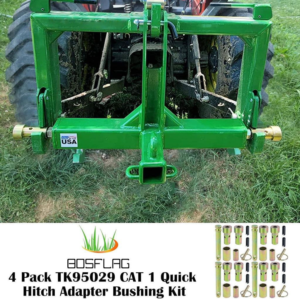 Quick hitch adapter bushings installed on a green agricultural implement