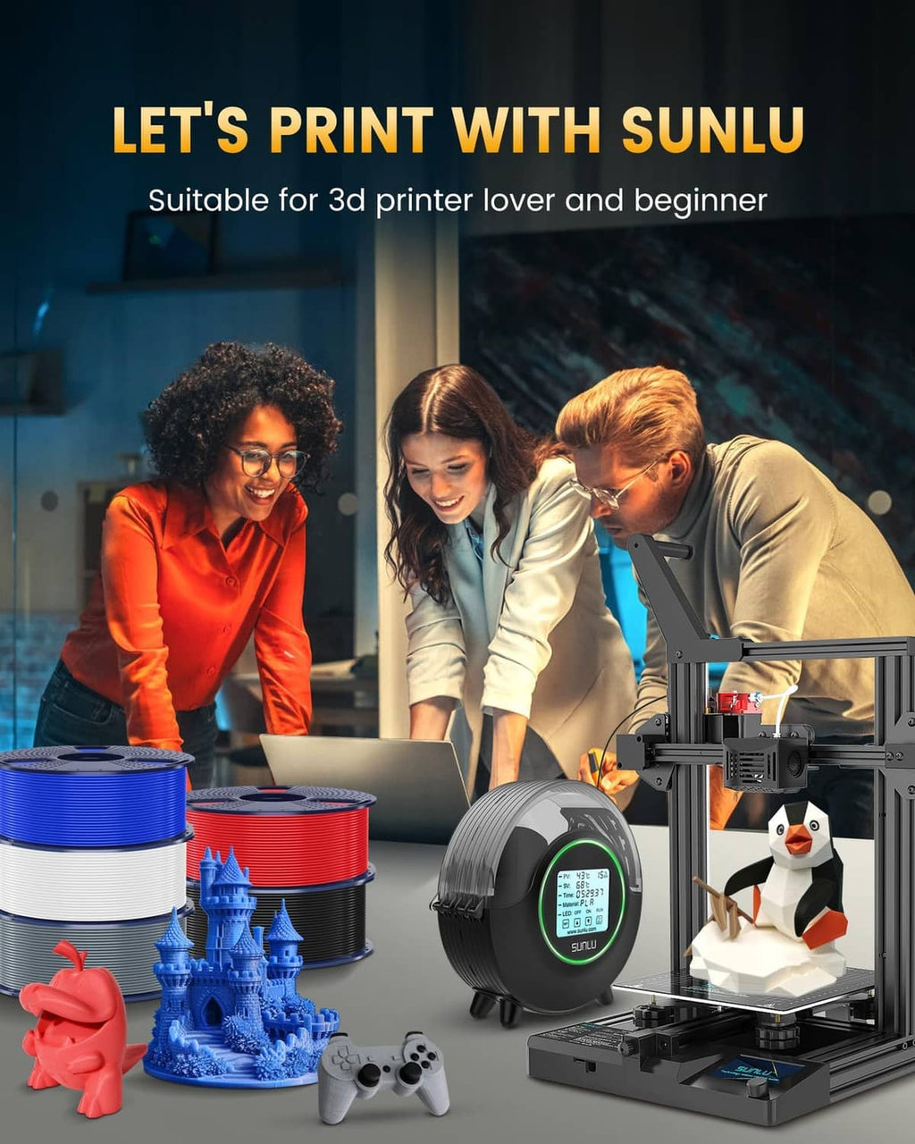 RivetOak SUNLU PLA+2.0 3D Printer Filament Bundle, 4KG 4KG, 1kg*4 Black+white+blue+red