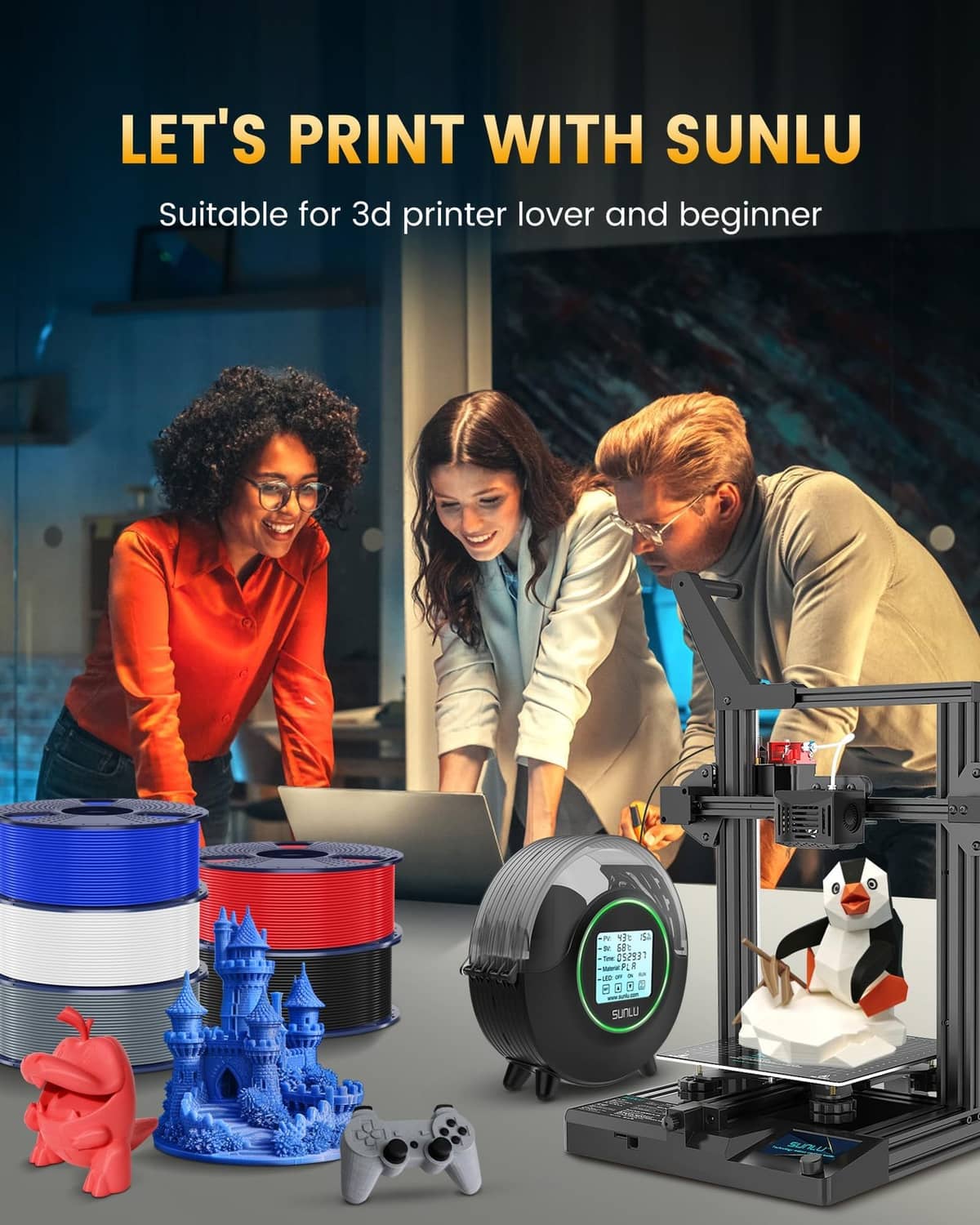 RivetOak SUNLU PLA+2.0 3D Printer Filament Bundle, 4KG 4KG, 1kg*4 Black+white+blue+red