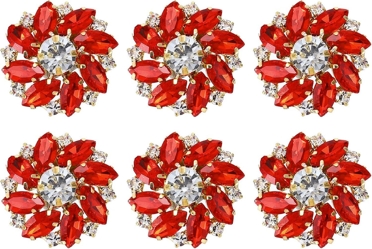 Set of six red crystal flower shank buttons with gold-tone backs and clear centers