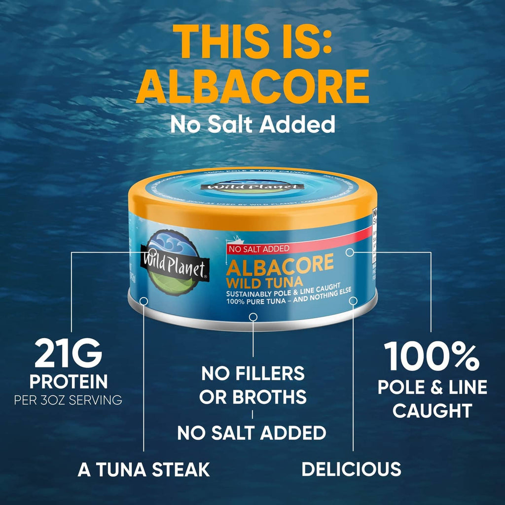 Albacore wild tuna no salt added can, blue and orange label with tuna steak graphic