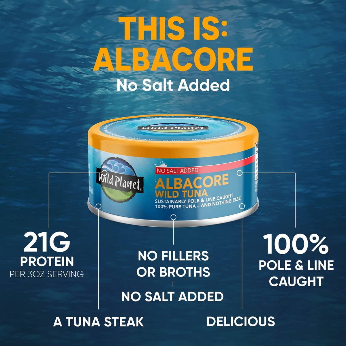 Albacore wild tuna no salt added can, blue and orange label with tuna steak graphic