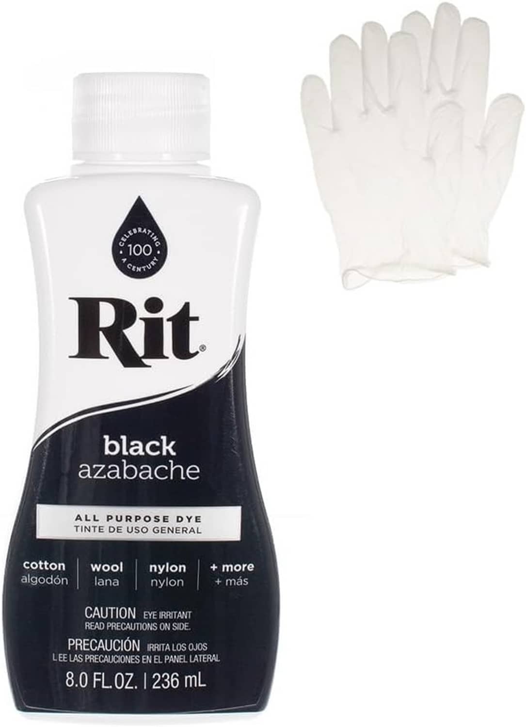 All-purpose liquid fabric dye bottle labeled black azabache, 8 fl oz, with gloves