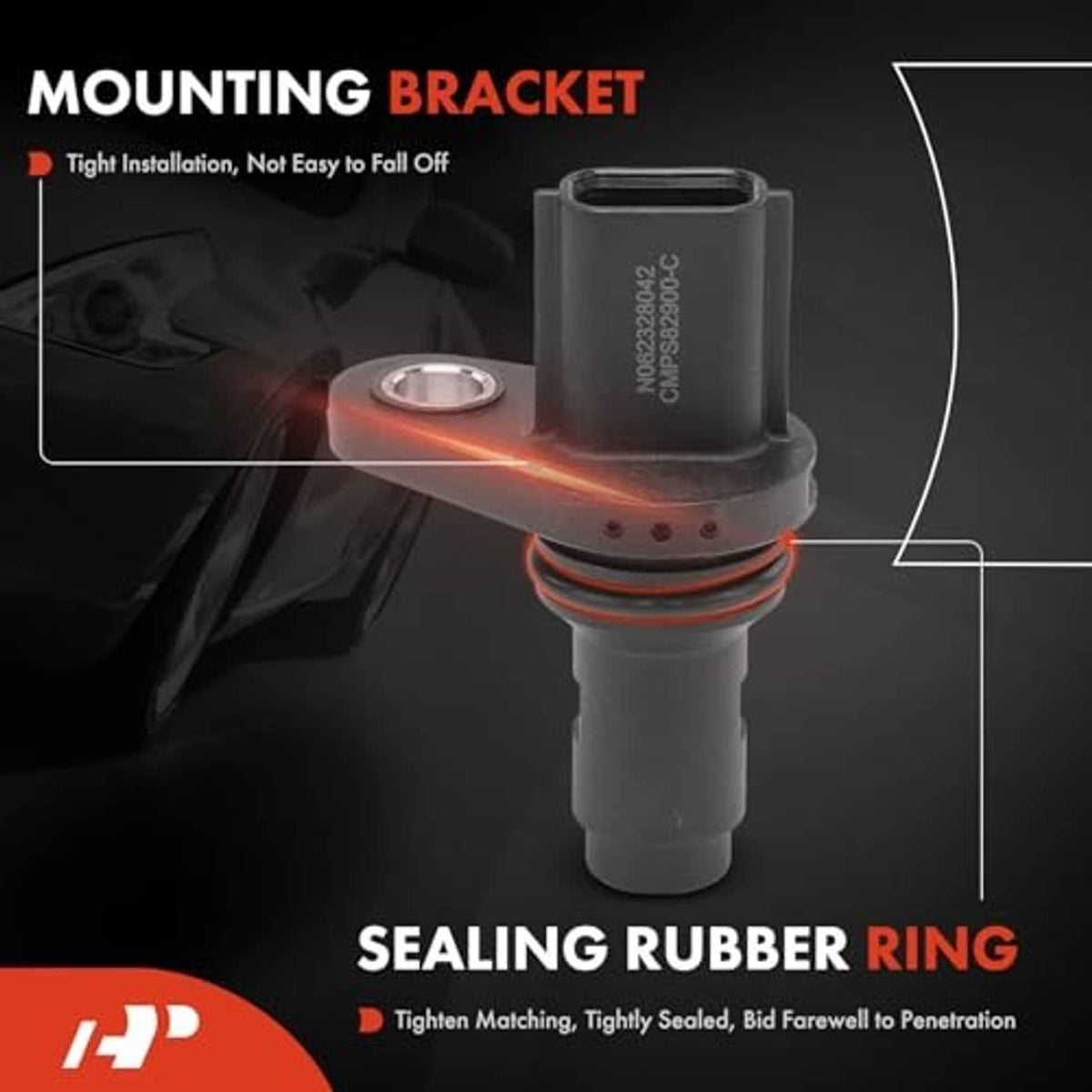 Camshaft position sensor with black rubber sealing ring and mounting bracket, close-up