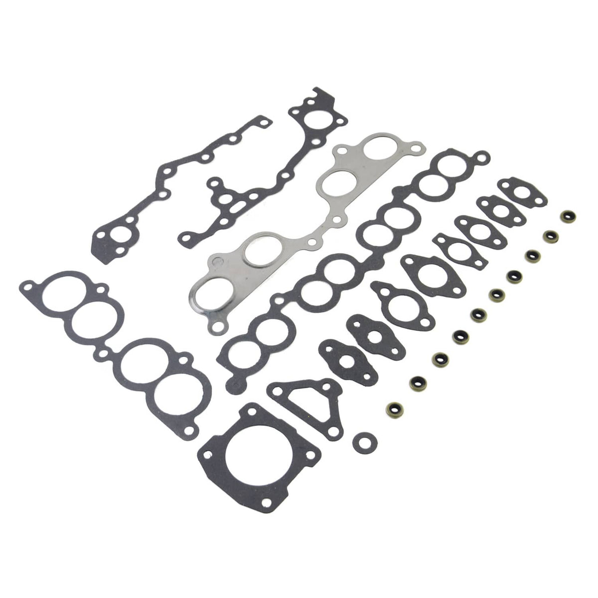 Engine head gasket set with bolts: assorted gasket sheets, formed seals, and small parts.