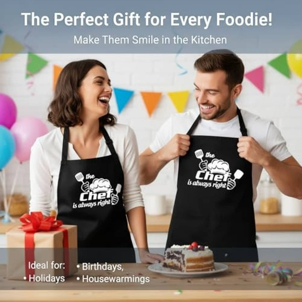 Black chef aprons worn by two people, featuring slogan print and plaid towel detail